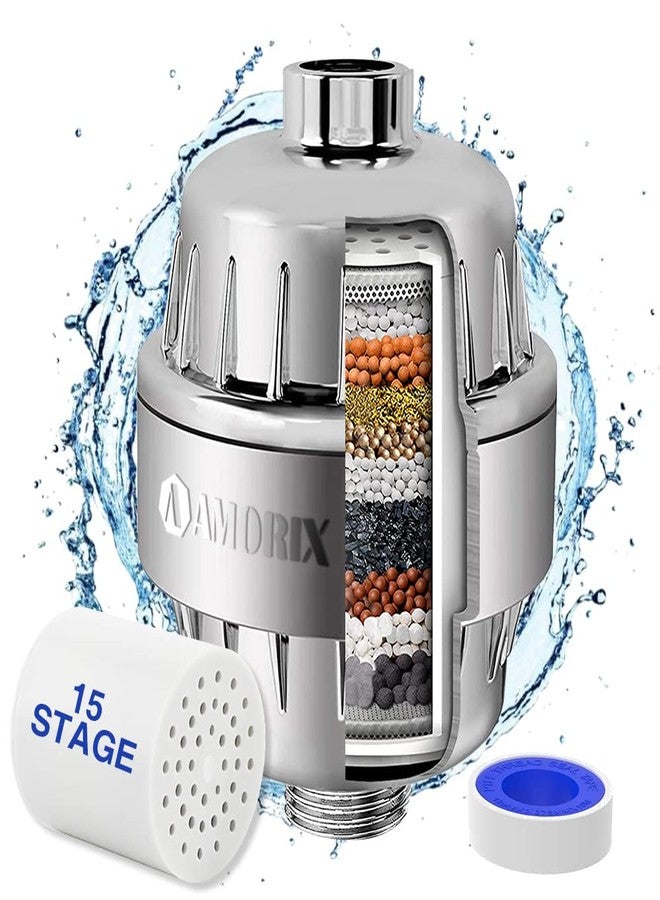 AMORIX 15 Stage Shower Head Filter for Hard Water - High Output Shower Water Filter Reduces Chlorine, Improves Skin Condition - Image 1