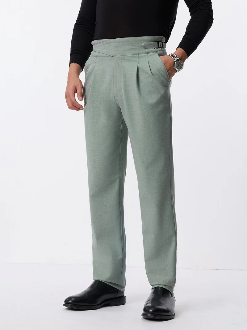 The Souled Store: Gurkha Pants Men and Boys Light Basil Green Solid Polyester Viscose Blend Straight Fit Adjustable Waist Pleated Front Trousers