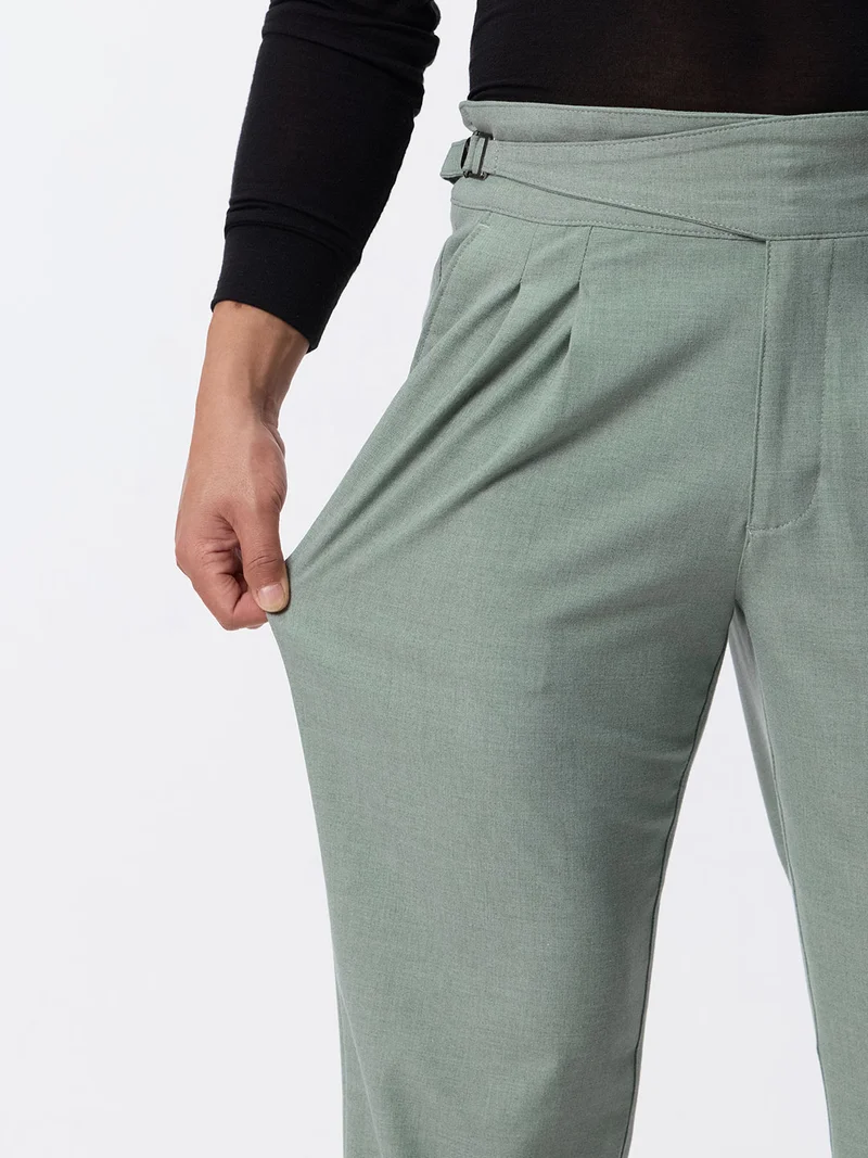 The Souled Store  The Souled Store: Gurkha Pants Men and Boys Light Basil Green Solid Polyester Viscose Blend Straight Fit Adjustable Waist Pleated Front Trousers  | Best Price UAE