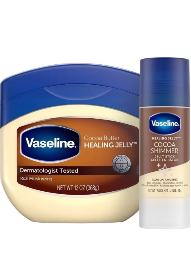 فازلين مجموعة للعناية بالجسم: مرطب هيلينج جيلي زبدة الكاكاو وعصا الإشراق كاكاو شيمر