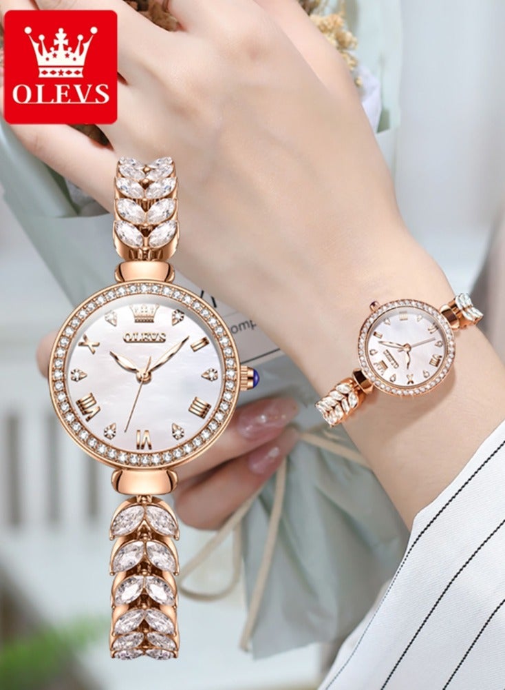 أوليفز ساعات OLEVS 9971 النسائية الأنيقة والعصرية ساعة يد أصلية مقاومة للماء بحزام عظم السمك وعقارب مضيئة وإطار من الماس - Image 1