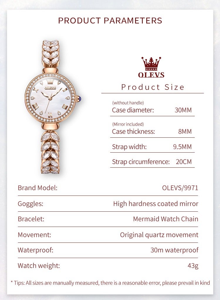 أوليفز ساعات OLEVS 9971 النسائية الأنيقة والعصرية ساعة يد أصلية مقاومة للماء بحزام عظم السمك وعقارب مضيئة وإطار من الماس - Image 5