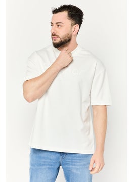 Algspar Men Crew Neck Short Sleeves Brand Logo T-Shirt, Off White  - Image 1