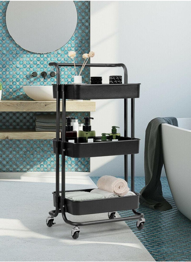 Roman Gifts - 3-Tier Rolling Mobile Utility Cart with Hanging Cups & Hooks & Handle Multifunctional Organizer Storage Trolley Service Cart with Wheels Easy Assembly for Office, Bathroom, Kitchen (Black) - Image 1