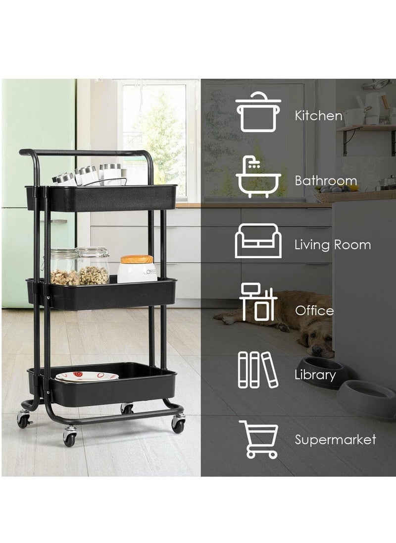 Roman Gifts - 3-Tier Rolling Mobile Utility Cart with Hanging Cups & Hooks & Handle Multifunctional Organizer Storage Trolley Service Cart with Wheels Easy Assembly for Office, Bathroom, Kitchen (Black) - Image 1