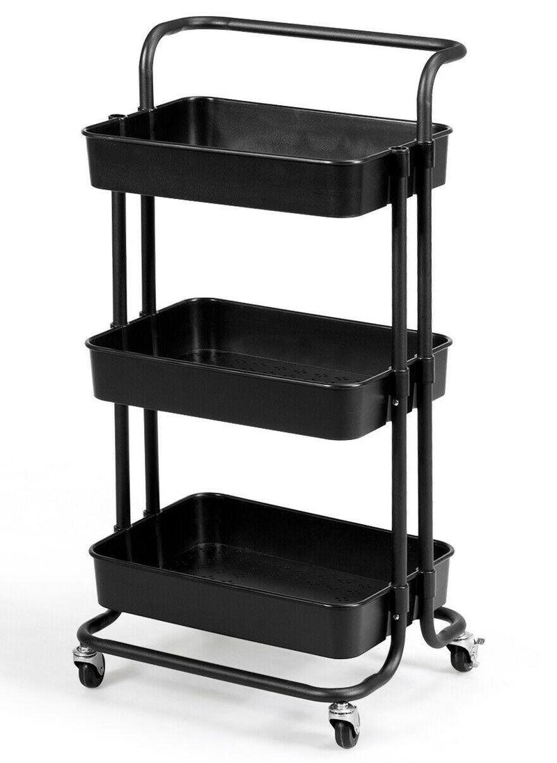 Roman Gifts - 3-Tier Rolling Mobile Utility Cart with Hanging Cups & Hooks & Handle Multifunctional Organizer Storage Trolley Service Cart with Wheels Easy Assembly for Office, Bathroom, Kitchen (Black) - Image 1
