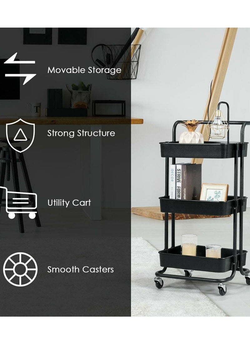 Roman Gifts - 3-Tier Rolling Mobile Utility Cart with Hanging Cups & Hooks & Handle Multifunctional Organizer Storage Trolley Service Cart with Wheels Easy Assembly for Office, Bathroom, Kitchen (Black) - Image 1