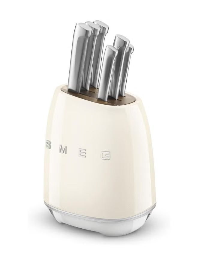 Smeg, KBSF02CR Knife Block, 6 Knives Included in Stainless Steel, Stainless Steel Block Body and Knife Slot, Acacia Wood, Cream - Image 1