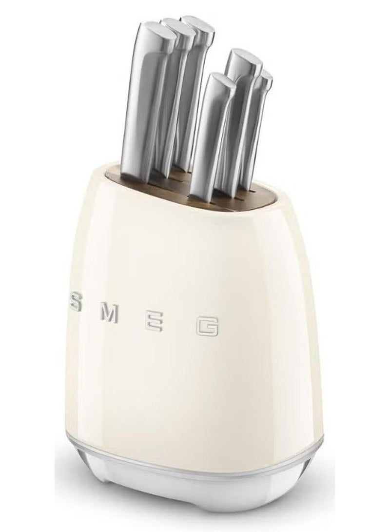 Smeg, KBSF02CR Knife Block, 6 Knives Included in Stainless Steel, Stainless Steel Block Body and Knife Slot, Acacia Wood, Cream - Image 1