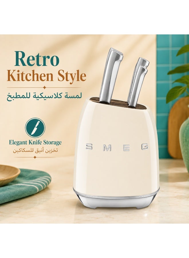 Smeg, KBSF02CR Knife Block, 6 Knives Included in Stainless Steel, Stainless Steel Block Body and Knife Slot, Acacia Wood, Cream - Image 1