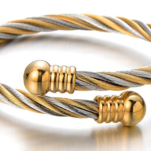 COOLSTEELANDBEYOND Elastic Adjustable Steel Twisted Cable Cuff Bangle Bracelet for Mens for Women Silver Gold Two-tone - Image 2