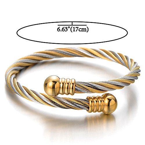 COOLSTEELANDBEYOND Elastic Adjustable Steel Twisted Cable Cuff Bangle Bracelet for Mens for Women Silver Gold Two-tone - Image 4