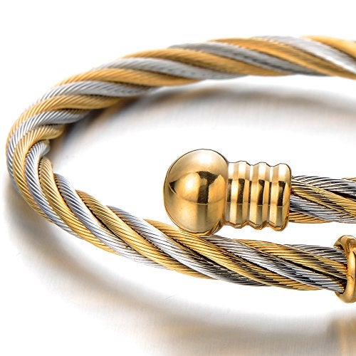 COOLSTEELANDBEYOND Elastic Adjustable Steel Twisted Cable Cuff Bangle Bracelet for Mens for Women Silver Gold Two-tone - Image 3