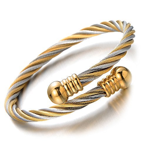 COOLSTEELANDBEYOND Elastic Adjustable Steel Twisted Cable Cuff Bangle Bracelet for Mens for Women Silver Gold Two-tone - Image 1