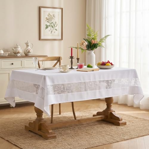 youngseahome Polyester Fabric Tablecloth with Exquisite Embroidery Sheer Border-Waterproof/Wrinkle Resistant-for Dining,Indoor&Outdoor,Wedding,Holiday,White,Rectangle 60x84Inch - Image 2