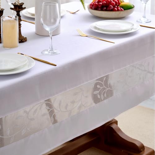 youngseahome Polyester Fabric Tablecloth with Exquisite Embroidery Sheer Border-Waterproof/Wrinkle Resistant-for Dining,Indoor&Outdoor,Wedding,Holiday,White,Rectangle 60x84Inch - Image 4