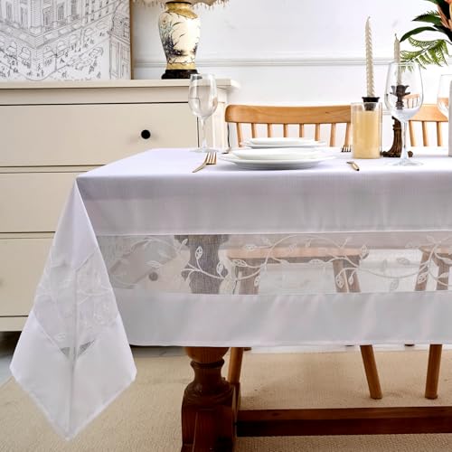 youngseahome Polyester Fabric Tablecloth with Exquisite Embroidery Sheer Border-Waterproof/Wrinkle Resistant-for Dining,Indoor&Outdoor,Wedding,Holiday,White,Rectangle 60x84Inch - Image 3