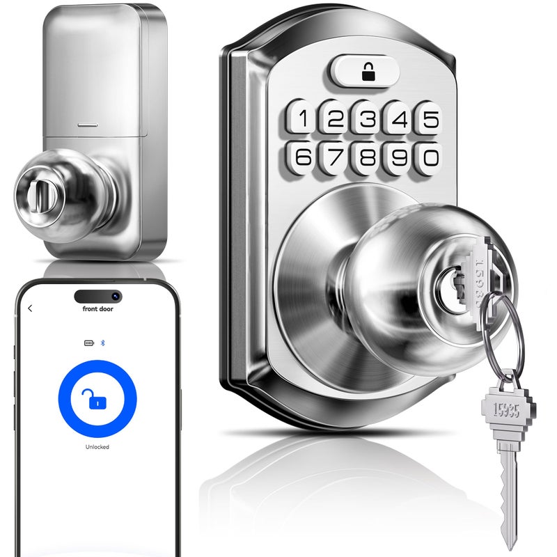 TEEHO TE018 Smart Door Knob with Keypad, App Control, Keyless Entry Digtal Door Lock with Handle, Remote Share One-Time Code, Auto Lock, Easy Installation for Front Door, Bedroom, Rental, Satin Nickel - Image 1