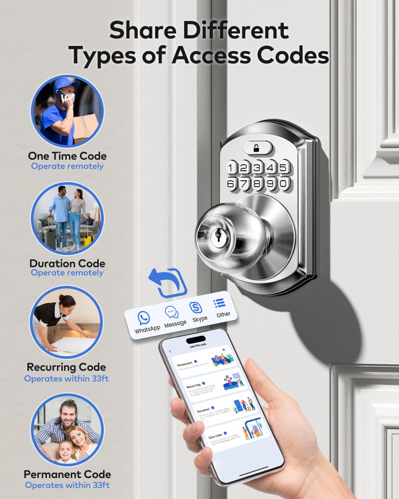 TEEHO TE018 Smart Door Knob with Keypad, App Control, Keyless Entry Digtal Door Lock with Handle, Remote Share One-Time Code, Auto Lock, Easy Installation for Front Door, Bedroom, Rental, Satin Nickel - Image 4
