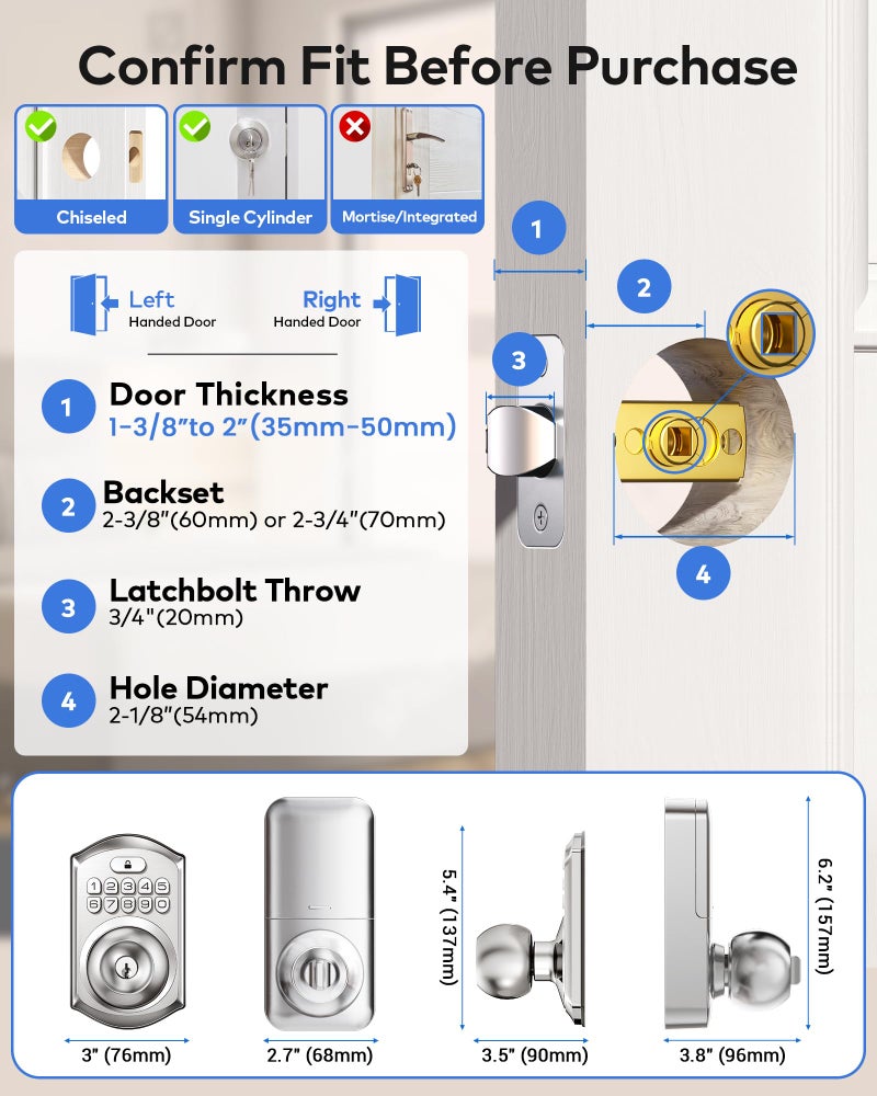 TEEHO TE018 Smart Door Knob with Keypad, App Control, Keyless Entry Digtal Door Lock with Handle, Remote Share One-Time Code, Auto Lock, Easy Installation for Front Door, Bedroom, Rental, Satin Nickel - Image 2