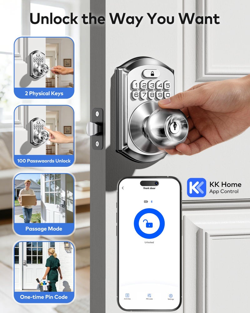 TEEHO TE018 Smart Door Knob with Keypad, App Control, Keyless Entry Digtal Door Lock with Handle, Remote Share One-Time Code, Auto Lock, Easy Installation for Front Door, Bedroom, Rental, Satin Nickel - Image 3