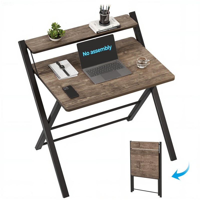 GreenForest No Assembly Folding Desk, 2-Tier Compact Computer Desk with Shelf, Space Saving Foldable Table for Home Office, Dorm or Apartment, Portable Collapsible Sturdy Laptop Desk, Brown - Image 1