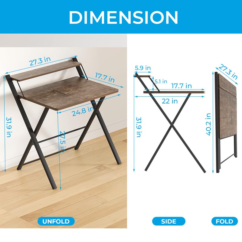 GreenForest No Assembly Folding Desk, 2-Tier Compact Computer Desk with Shelf, Space Saving Foldable Table for Home Office, Dorm or Apartment, Portable Collapsible Sturdy Laptop Desk, Brown - Image 2