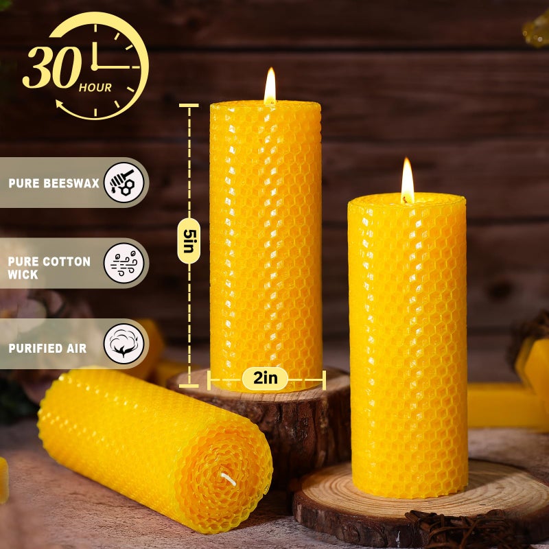 Uniteland 2pcs Natural Beeswax Pillar Candles, 2x5in Pure Honeycomb Beeswax Candles Bulk, Unscented Bees Wax Candle for Home,Prayer,Dripless Smokeless Organic 100% Pillar Candles - Image 4