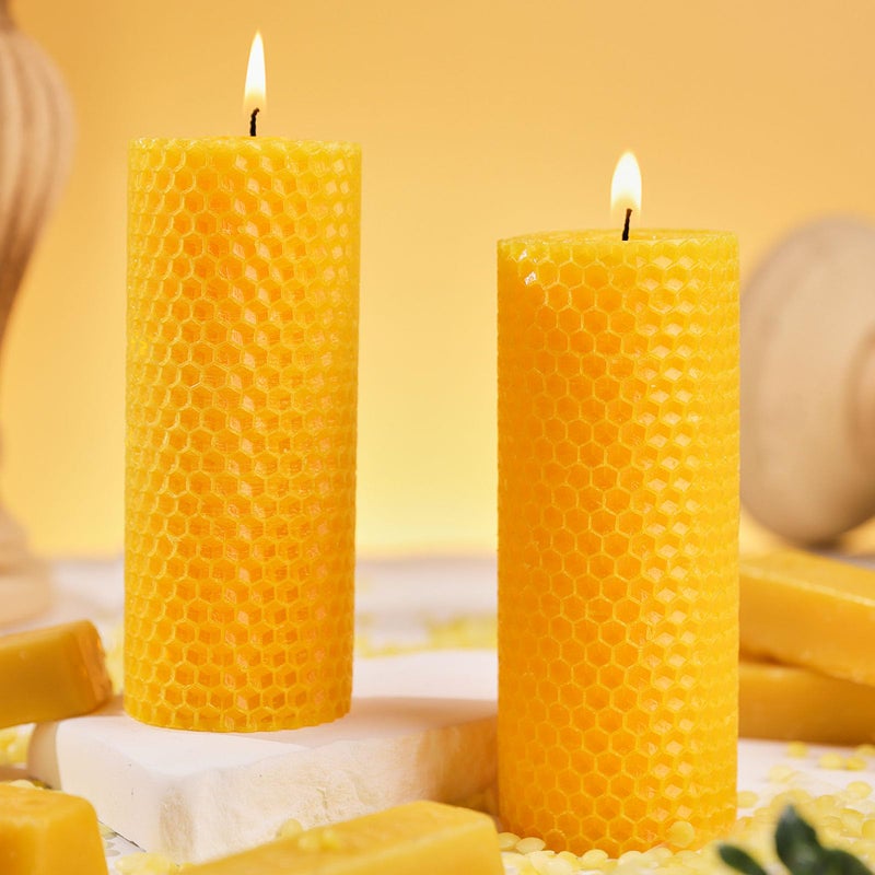 Uniteland 2pcs Natural Beeswax Pillar Candles, 2x5in Pure Honeycomb Beeswax Candles Bulk, Unscented Bees Wax Candle for Home,Prayer,Dripless Smokeless Organic 100% Pillar Candles - Image 1