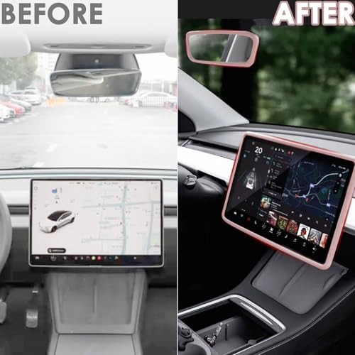 TSTESE 2PCS Protector Trim Frame Compatible with Tesla Model 3 Y 2020-2024 2025 2026 Screen Edge Frame Rearview Mirror Cover Interior Decorations Center Console Decor Highland Juniper Accessories Set (Pink) - Image 2
