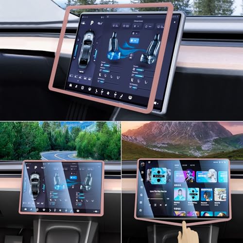 TSTESE 2PCS Protector Trim Frame Compatible with Tesla Model 3 Y 2020-2024 2025 2026 Screen Edge Frame Rearview Mirror Cover Interior Decorations Center Console Decor Highland Juniper Accessories Set (Pink) - Image 3