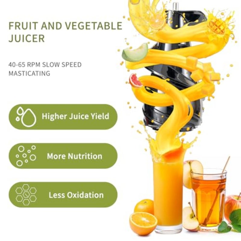 Cold Press Juicer, 500W Electric Masticating Juicer Machines with 3" Large Feed Chute for Whole Fruits and Vegetables, Upgraded High Juice Yield Juice Extractor Machine with 2 Cups, Easy to Clean - Image 3