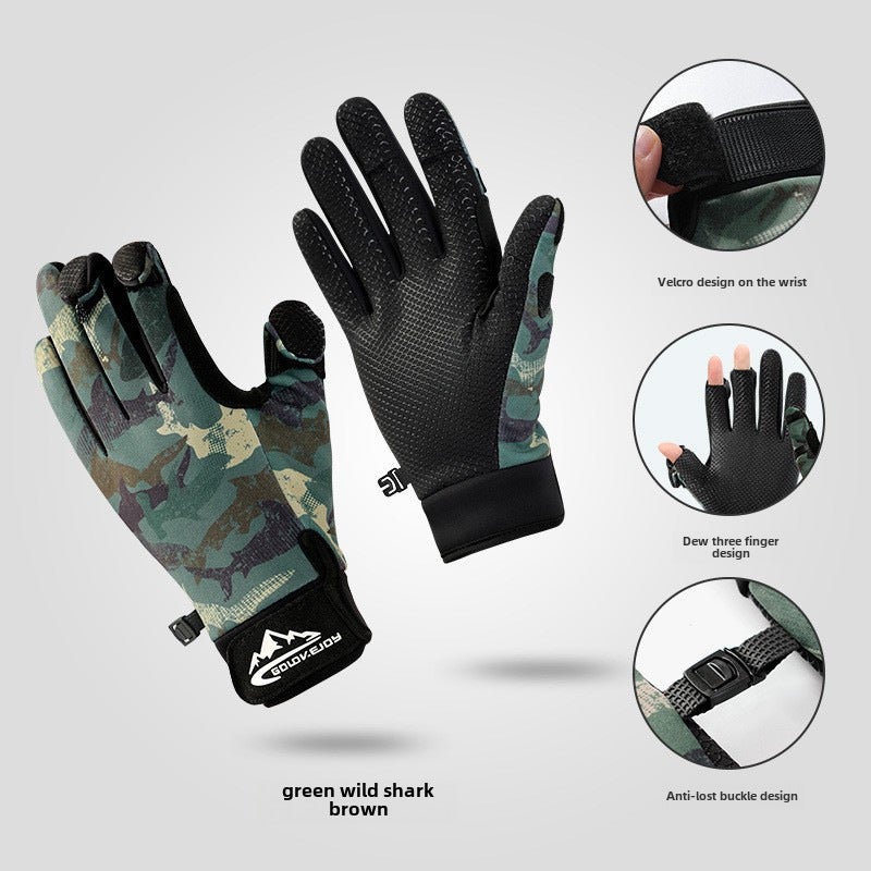 Breathable Anti-Slip Fishing Gloves for Cycling DB68; Green Wild Shark Tracer (fleece-lined) 