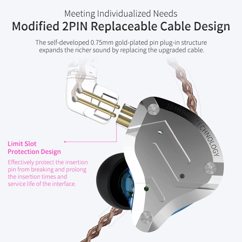 كي زد سماعات أذن سلكية ZS10 Pro مقاس 3.5 ملم، صوت عالي الدقة هجين 1DD+4BA، سماعة رياضية، كابل قابل للفصل ثنائي الدبابيس، وحدة تحكم مدمجة مع ميكروفون - Image 5