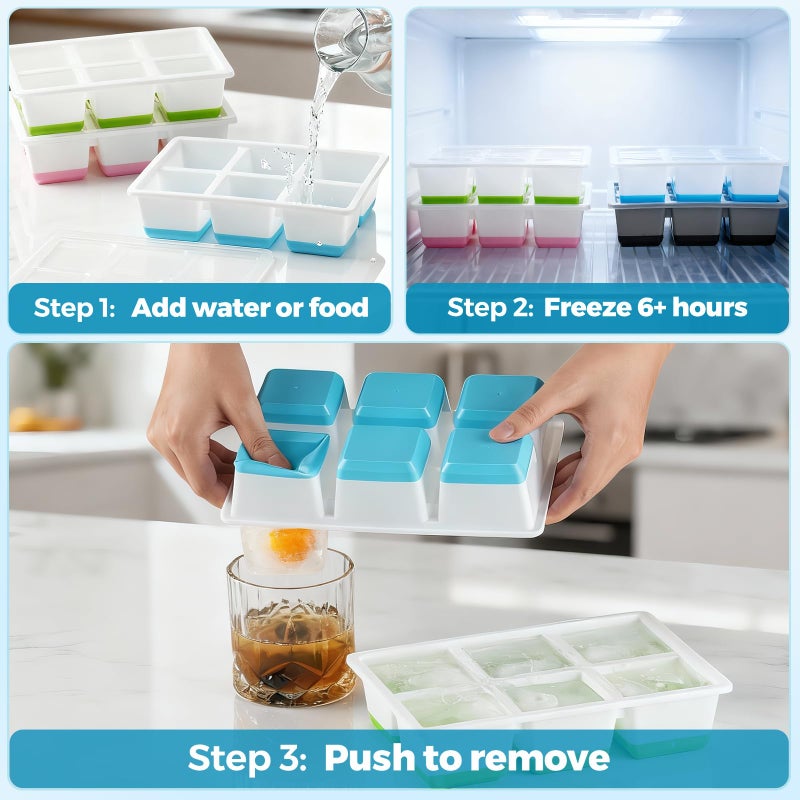 JRISBO Large Ice Cube Trays 2 Pack, Easy Release 2.4" Big Ice Cubes, Stackable Ice Trays for Freezer, Silicone Cocktail, Whiskey Ice Cubes Mold with Lid, Dishwasher Safe - BPA Free - Image 4