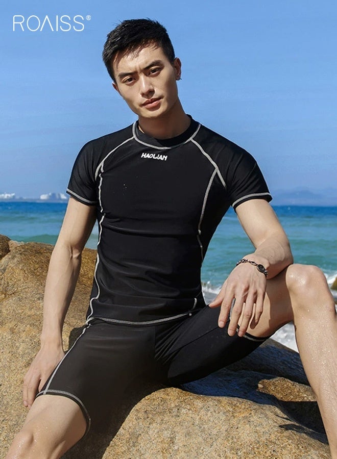 roaiss Men's 2 Piece Matching Swim Set, Printed Short Sleeve Swimwear Set,  Pullover Stretch Fit Swim Shirt and Shorts Set, Breathable Quick Dry Swimsuit Set for Beach Pool Vacation Resort, Summer Essentials Casual Beachwear, Black - Image 5