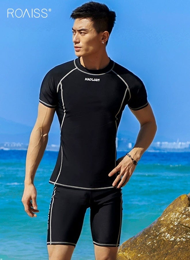 roaiss Men's 2 Piece Matching Swim Set, Printed Short Sleeve Swimwear Set,  Pullover Stretch Fit Swim Shirt and Shorts Set, Breathable Quick Dry Swimsuit Set for Beach Pool Vacation Resort, Summer Essentials Casual Beachwear, Black - Image 1