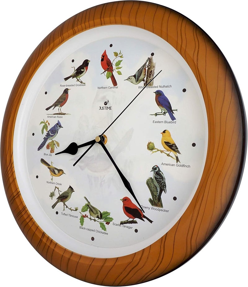 JUSTIME Lovely Collection 14-inch Plays 12 Popular North American Bird's Songs Wall Clock Mantel Clock Home Deco Multicolor (TCBD007-W Faux Wood) - Image 2