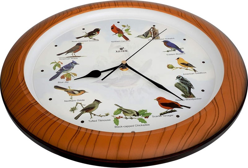 JUSTIME Lovely Collection 14-inch Plays 12 Popular North American Bird's Songs Wall Clock Mantel Clock Home Deco Multicolor (TCBD007-W Faux Wood) - Image 3