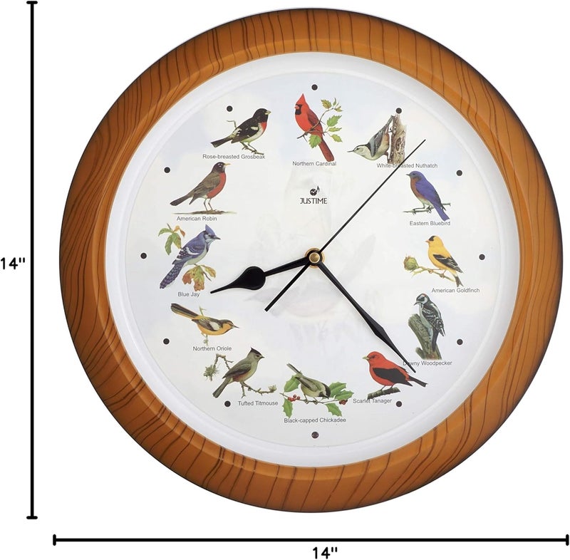 JUSTIME Lovely Collection 14-inch Plays 12 Popular North American Bird's Songs Wall Clock Mantel Clock Home Deco Multicolor (TCBD007-W Faux Wood) - Image 5