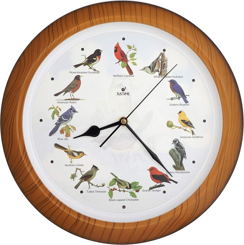 JUSTIME Lovely Collection 14-inch Plays 12 Popular North American Bird's Songs Wall Clock Mantel Clock Home Deco Multicolor (TCBD007-W Faux Wood) - Image 1