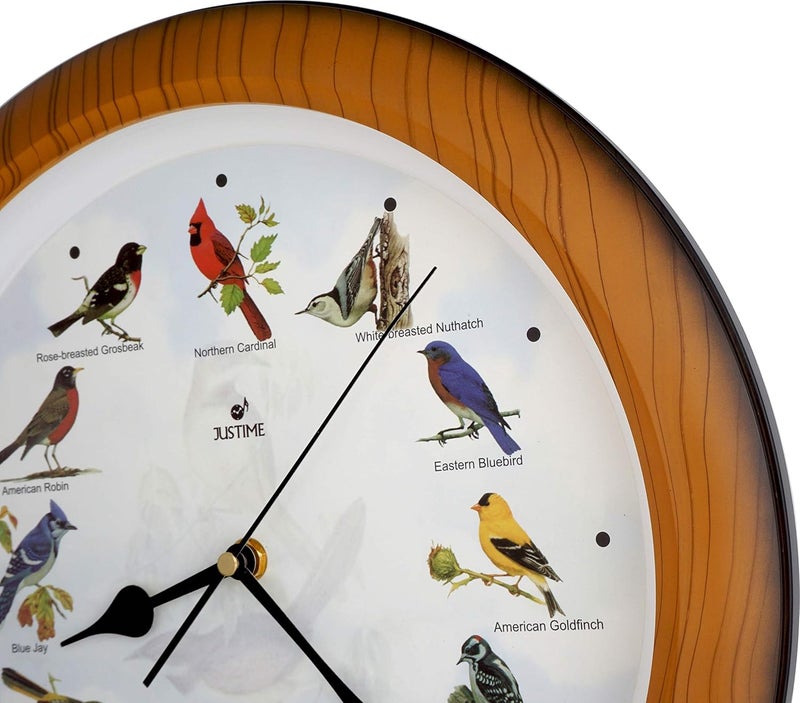 JUSTIME Lovely Collection 14-inch Plays 12 Popular North American Bird's Songs Wall Clock Mantel Clock Home Deco Multicolor (TCBD007-W Faux Wood) - Image 4