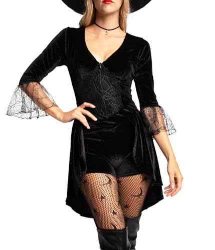 Tipsy Elves Women's Witch Halloween Costume - Sexy Classic Witch Bodysuit with Hat - Black Velour, Lace Sleeves - Size X-Large - Image 3