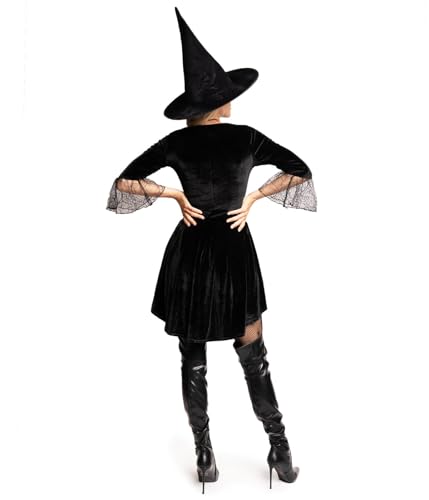 Tipsy Elves Women's Witch Halloween Costume - Sexy Classic Witch Bodysuit with Hat - Black Velour, Lace Sleeves - Size X-Large - Image 2