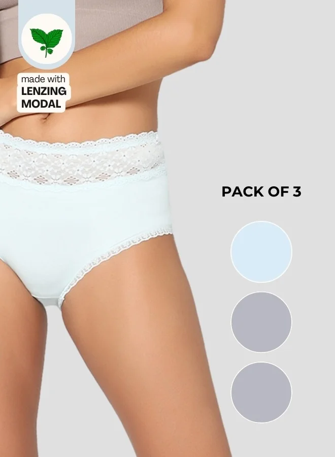 الملكة الحميمة مجموعة العافية طوال اليوم - شورتات داخلية نسائية من مودال باي هيبستر - رمادي 1 وأزرق 2 (عبوة من 3 قطع)