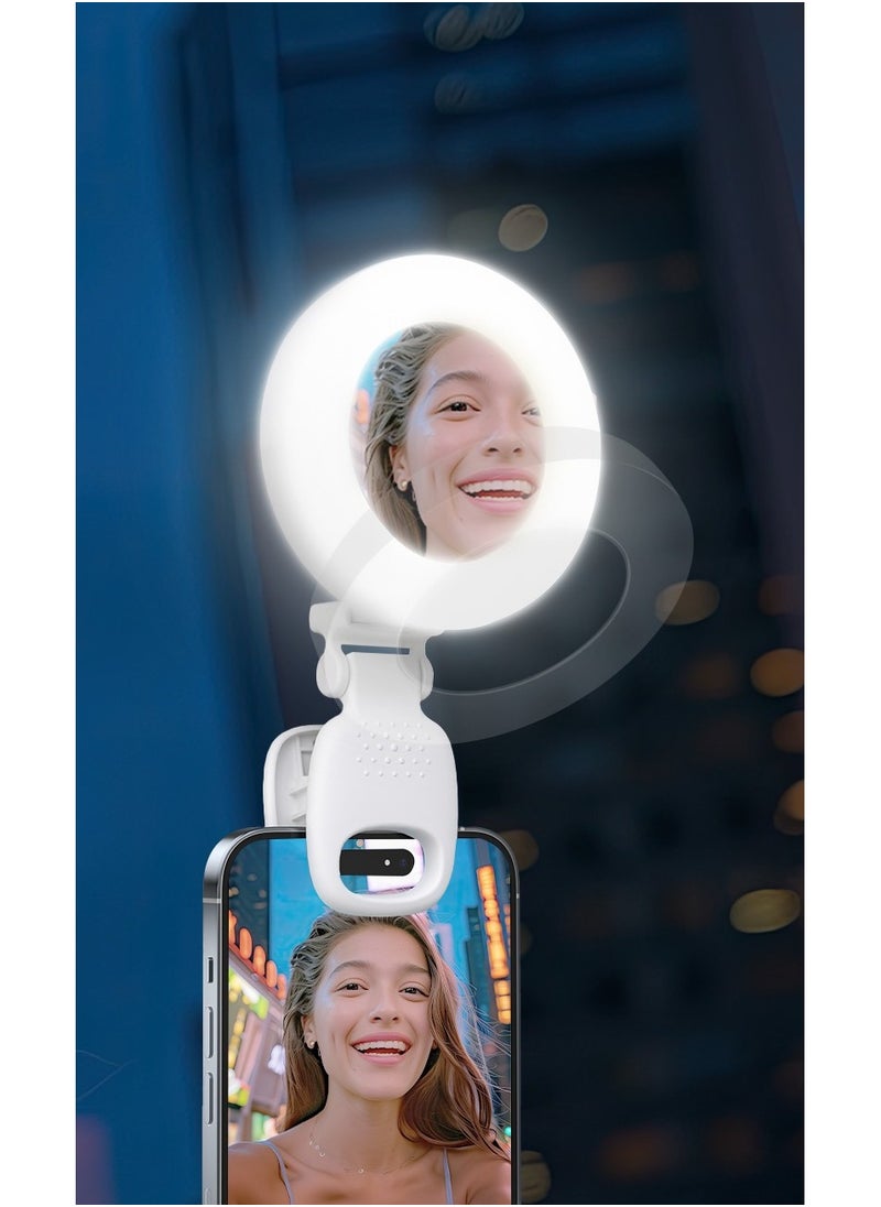 porodo - Lifestyle Clip-On Mirror Fill Light / Customizable Light Modes / Mini Mirror with Ring Light/ Travel Mirror / Compact Size / Suitable for Mobile / Portable Mirror with Light - White - Image 1