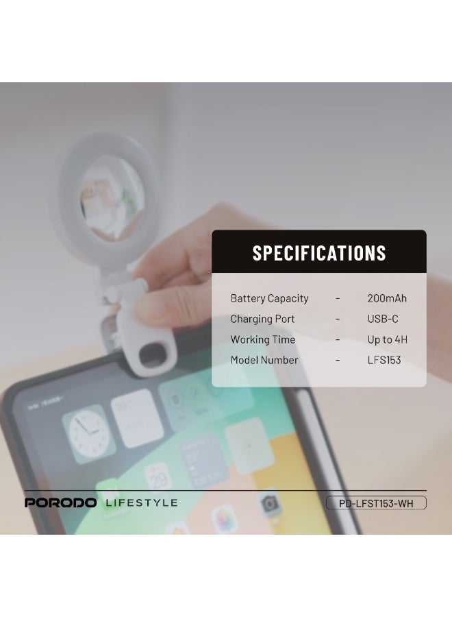 porodo Lifestyle Clip-On Mirror Fill Light / Customizable Light Modes / Mini Mirror with Ring Light/ Travel Mirror / Compact Size / Suitable for Mobile / Portable Mirror with Light - White - Image 4