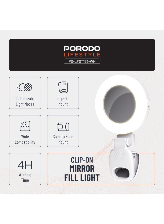 porodo Lifestyle Clip-On Mirror Fill Light / Customizable Light Modes / Mini Mirror with Ring Light/ Travel Mirror / Compact Size / Suitable for Mobile / Portable Mirror with Light - White - Image 5