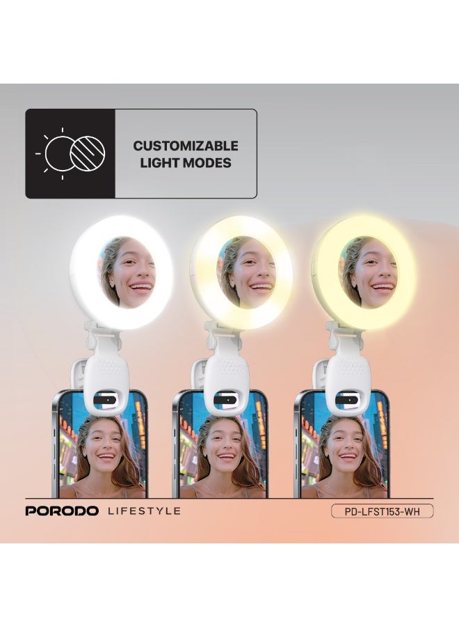 porodo Lifestyle Clip-On Mirror Fill Light / Customizable Light Modes / Mini Mirror with Ring Light/ Travel Mirror / Compact Size / Suitable for Mobile / Portable Mirror with Light - White - Image 2