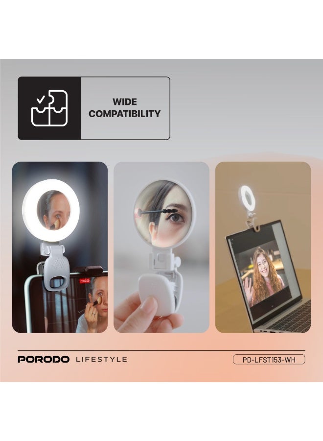 porodo Lifestyle Clip-On Mirror Fill Light / Customizable Light Modes / Mini Mirror with Ring Light/ Travel Mirror / Compact Size / Suitable for Mobile / Portable Mirror with Light - White - Image 3